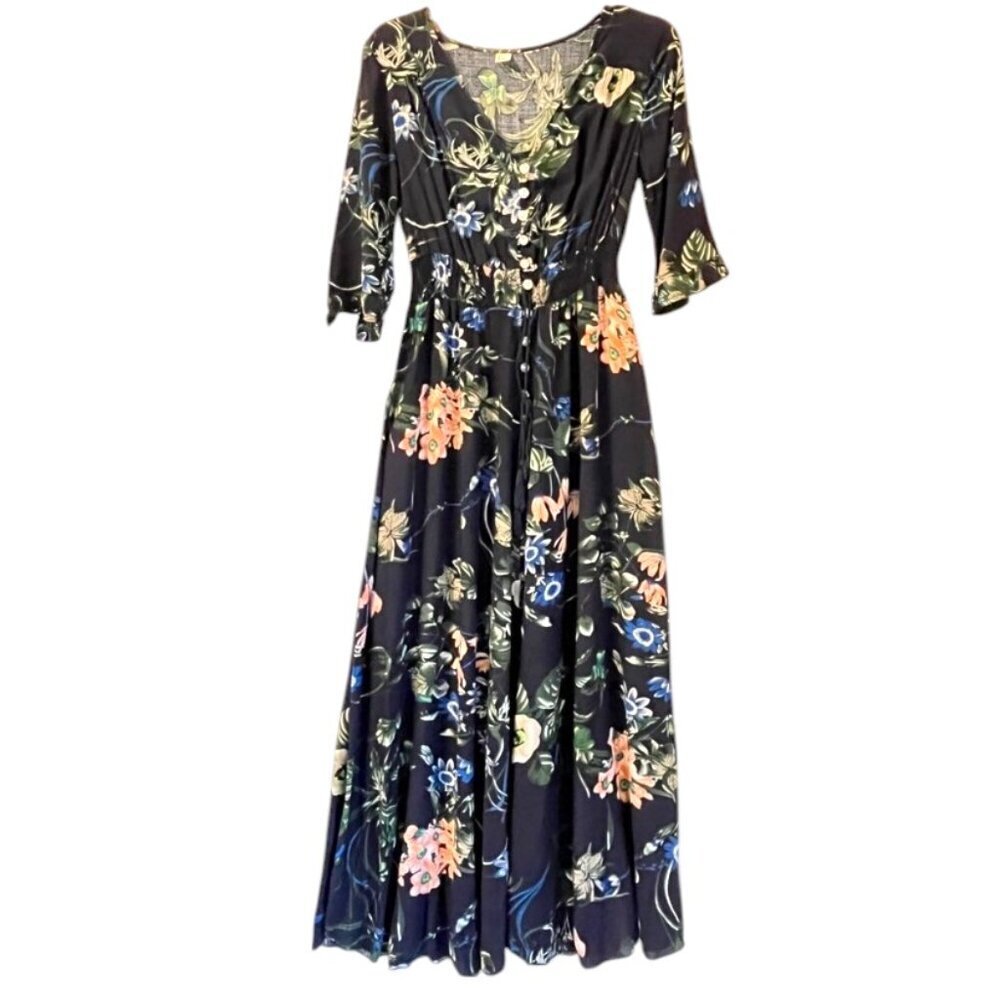 NWOT Floral Dress Navy Button Front Tassel Tie Smocked Waist Sm Cottagecore Boho